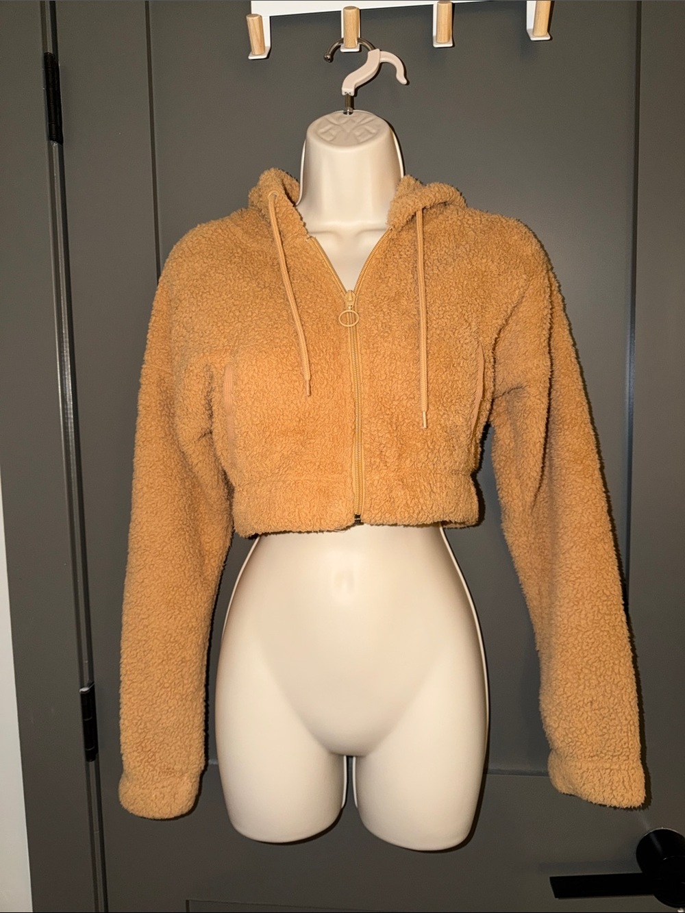 flirtitude Cropped Teddy Zip-Up Jacket - Tan